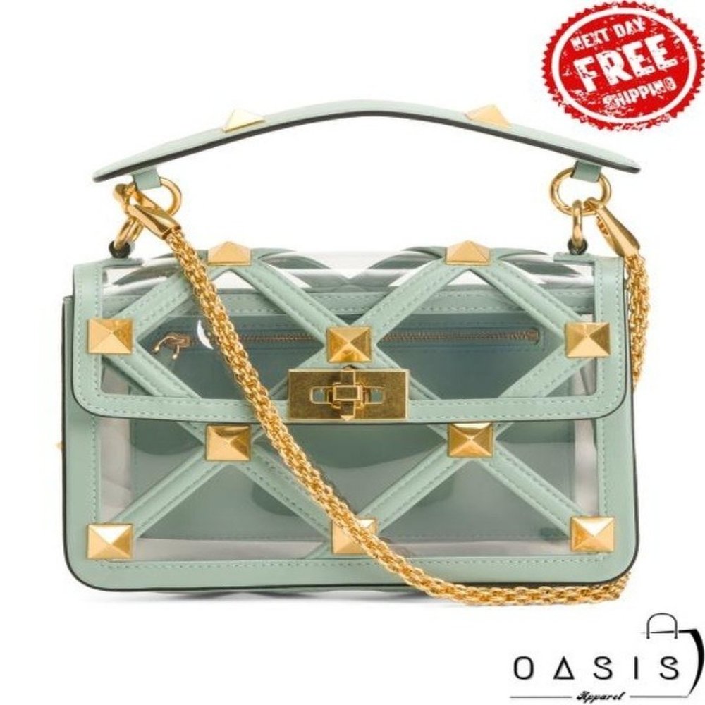 VALENTINO Made In Italy Leather Medium Bag With Roman Stud Chain/ Women's Bag - Picture 1 of 4